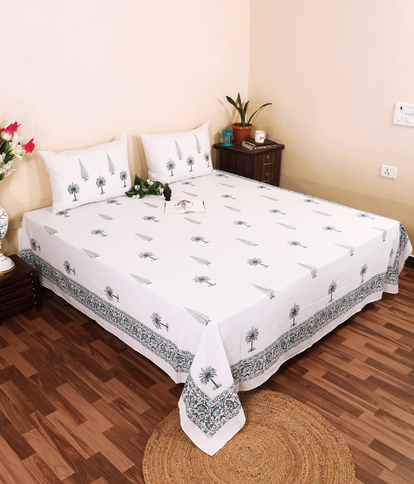Safed Deodar / Cypress Palm Flat Bedsheet (95*108inches)