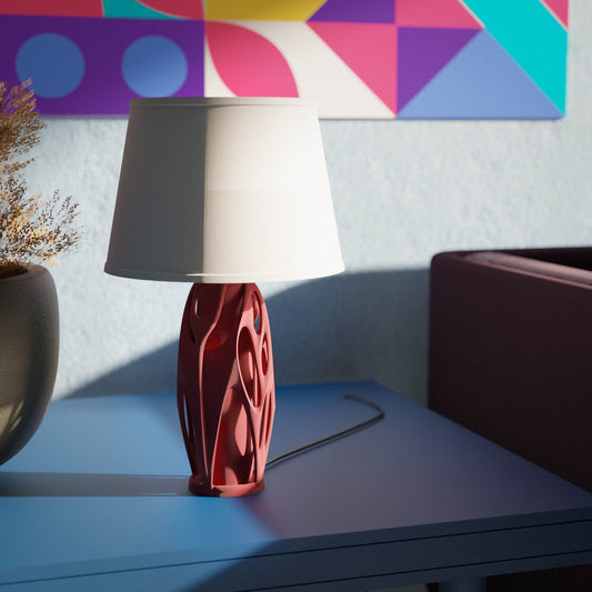Highmour aesthetic designer lamp with a unique red base and white shade, perfect for modern interior decor