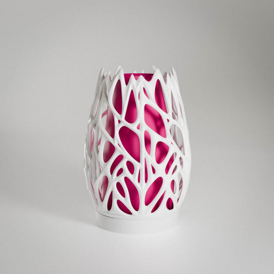 Highmour aesthetic organic lamp with a white intricate design and vibrant pink interior