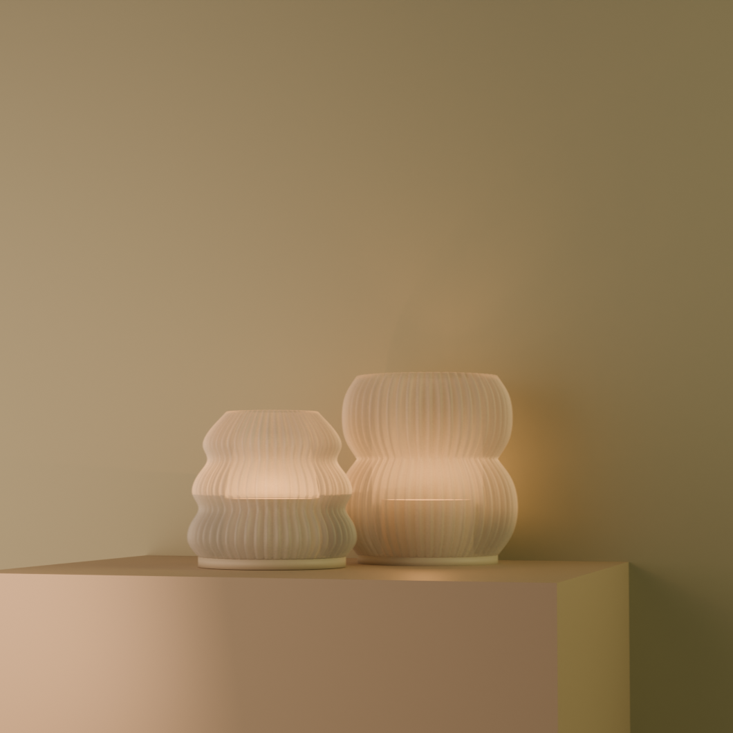 Highmour fir tea light shade set two ribbed 3d printed sculptural shades glowing warm ambient light