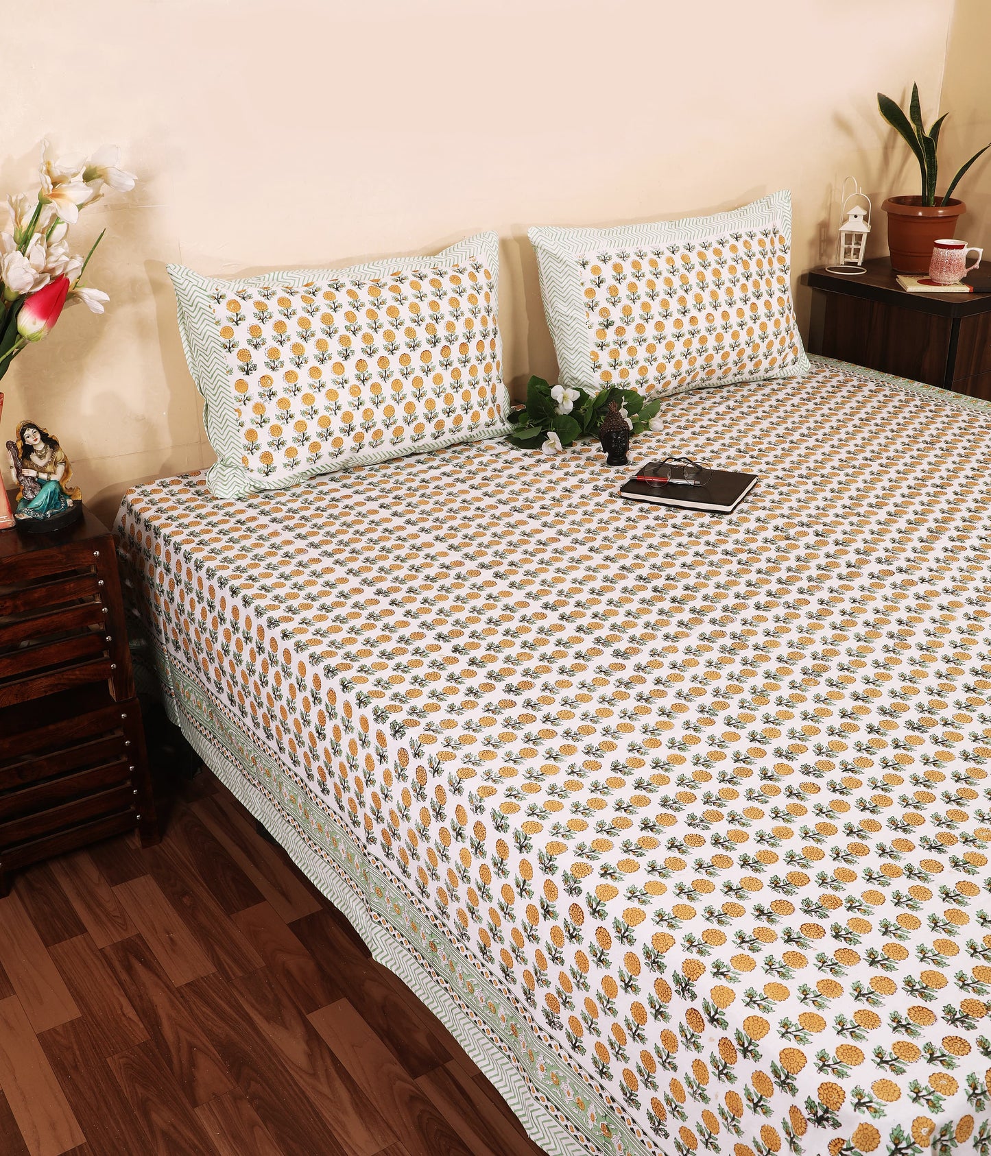 Highmour Bloomline collection bed linens block print bedsheet in vibrant colors with matching pillow covers