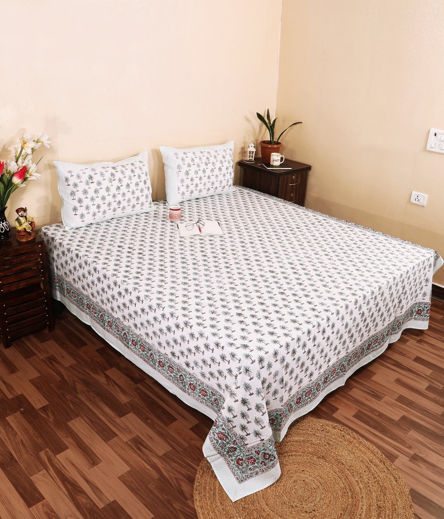 Highmour palm tree print fabric bedsheet in white with intricate designs for a tropical aesthetic