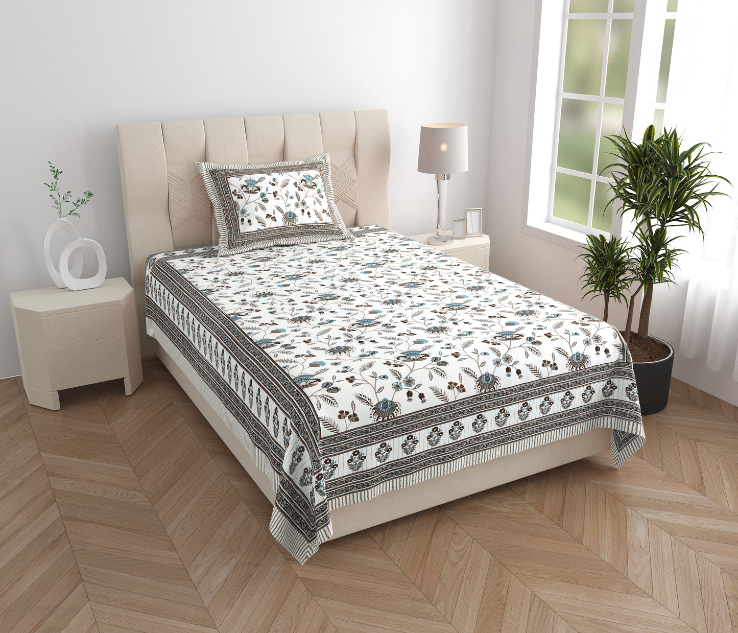 Azure Garden Single Cotton Bedsheet (60×90 in.)