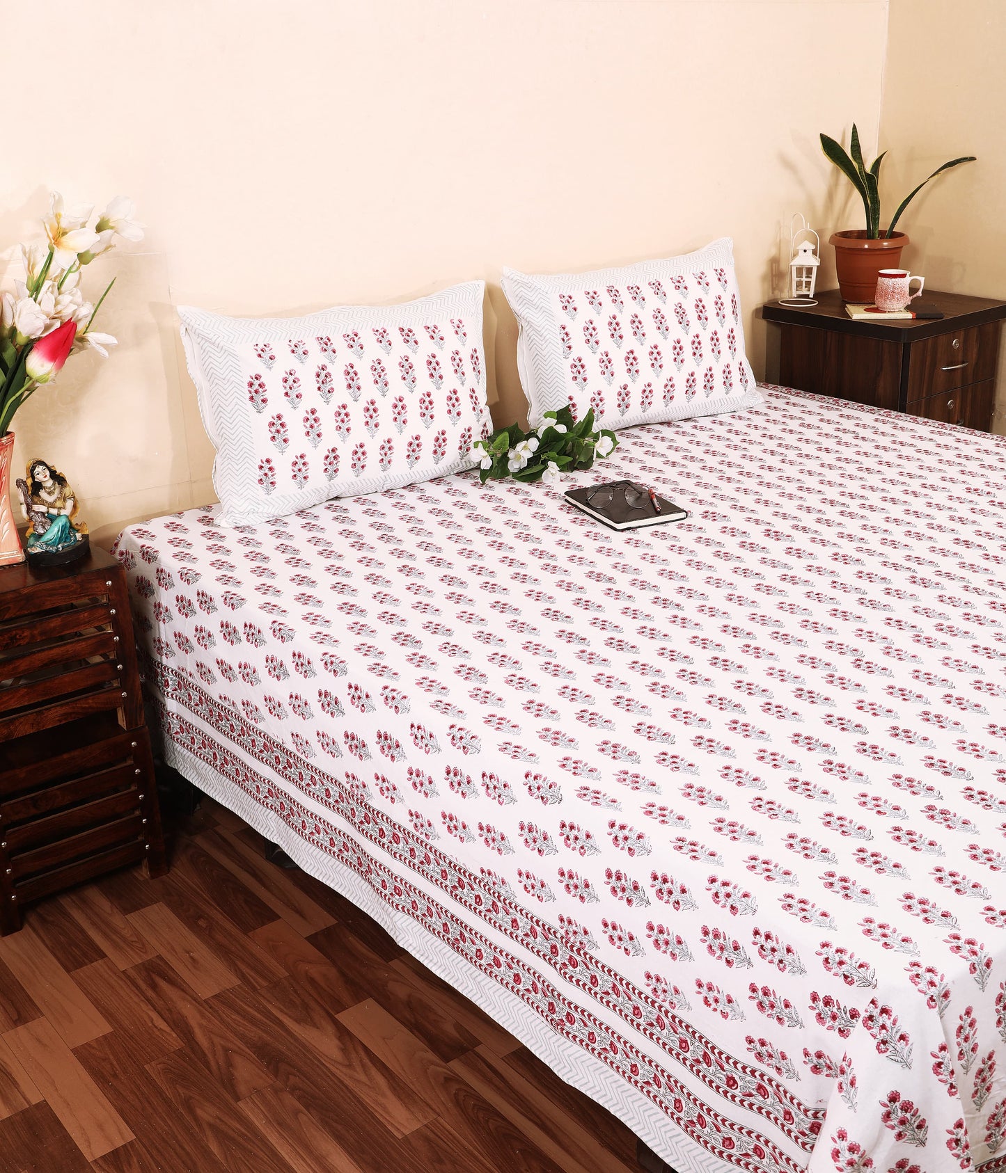 THE HIGHMOUR BLOOMLINE collection bedsheet in pure cotton with block print design, inspired by Jaipur craftsmanship
