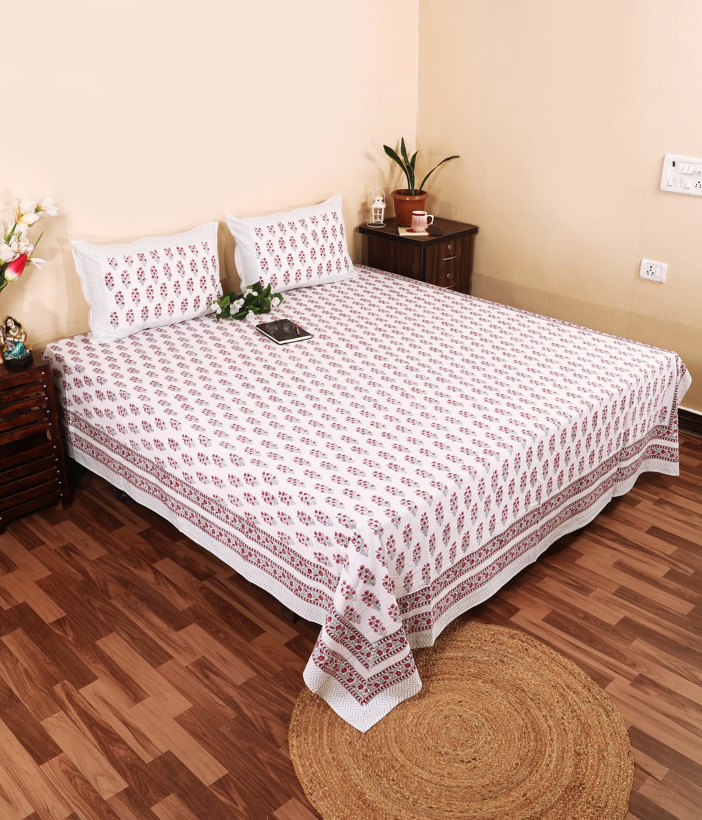 THE HIGHMOUR BLOOMLINE collection bedsheet in block print design, Jaipur style, made of pure cotton