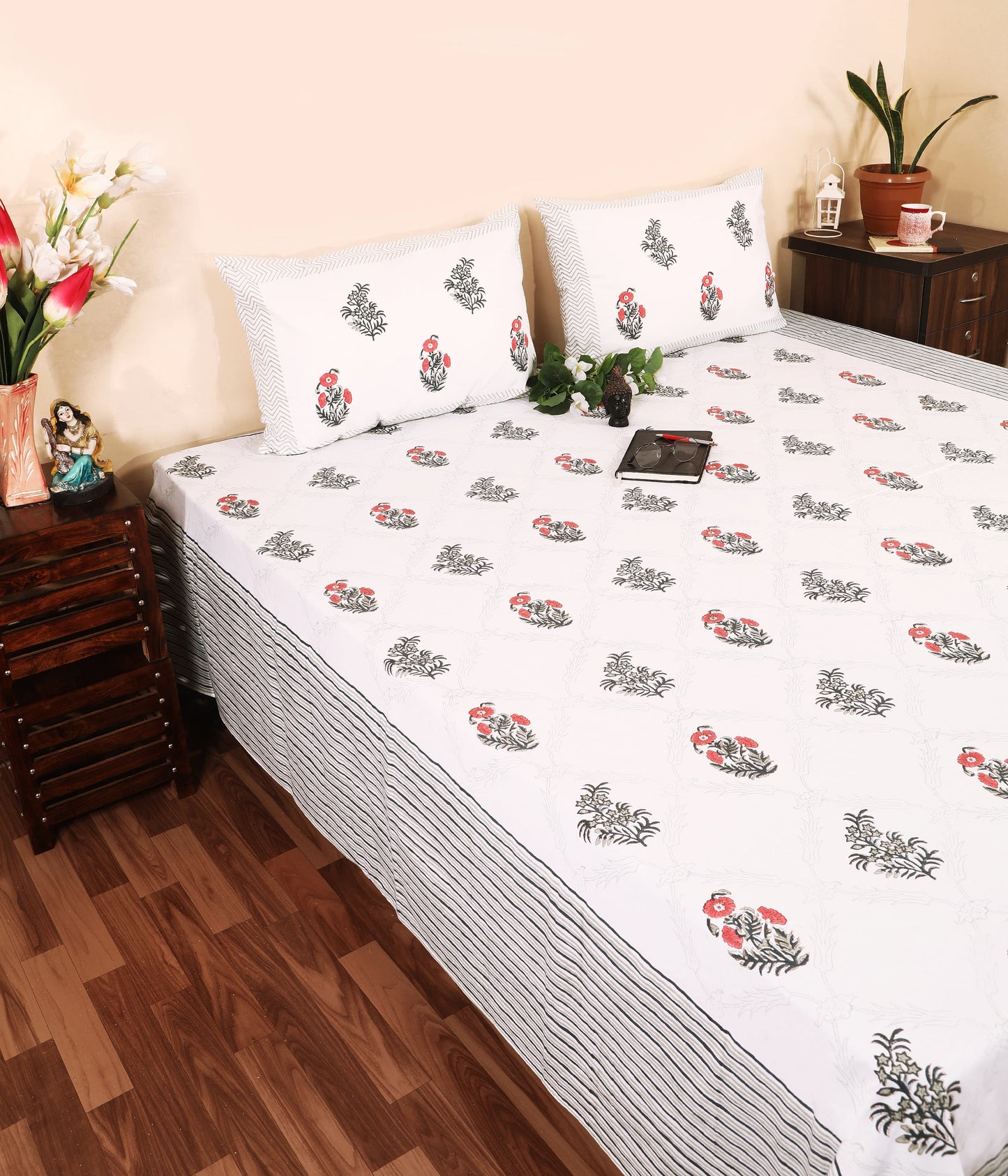 THE HIGHMOUR BLOOMLINE collection bedsheet with block print design in Jaipur featuring pure cotton material