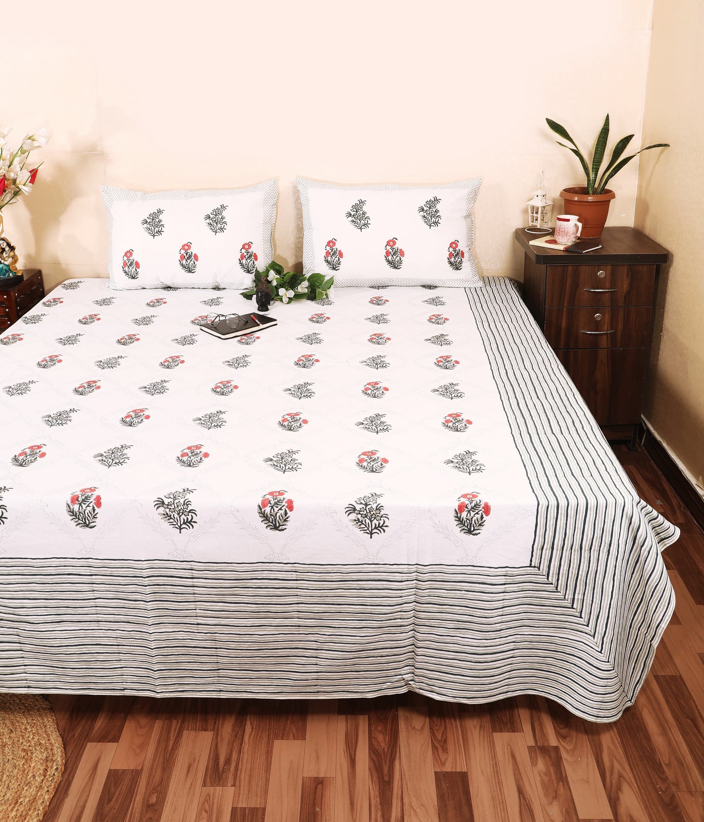 Highmour Bloomline collection bedsheet in block print design with Jaipur patterns in pure cotton