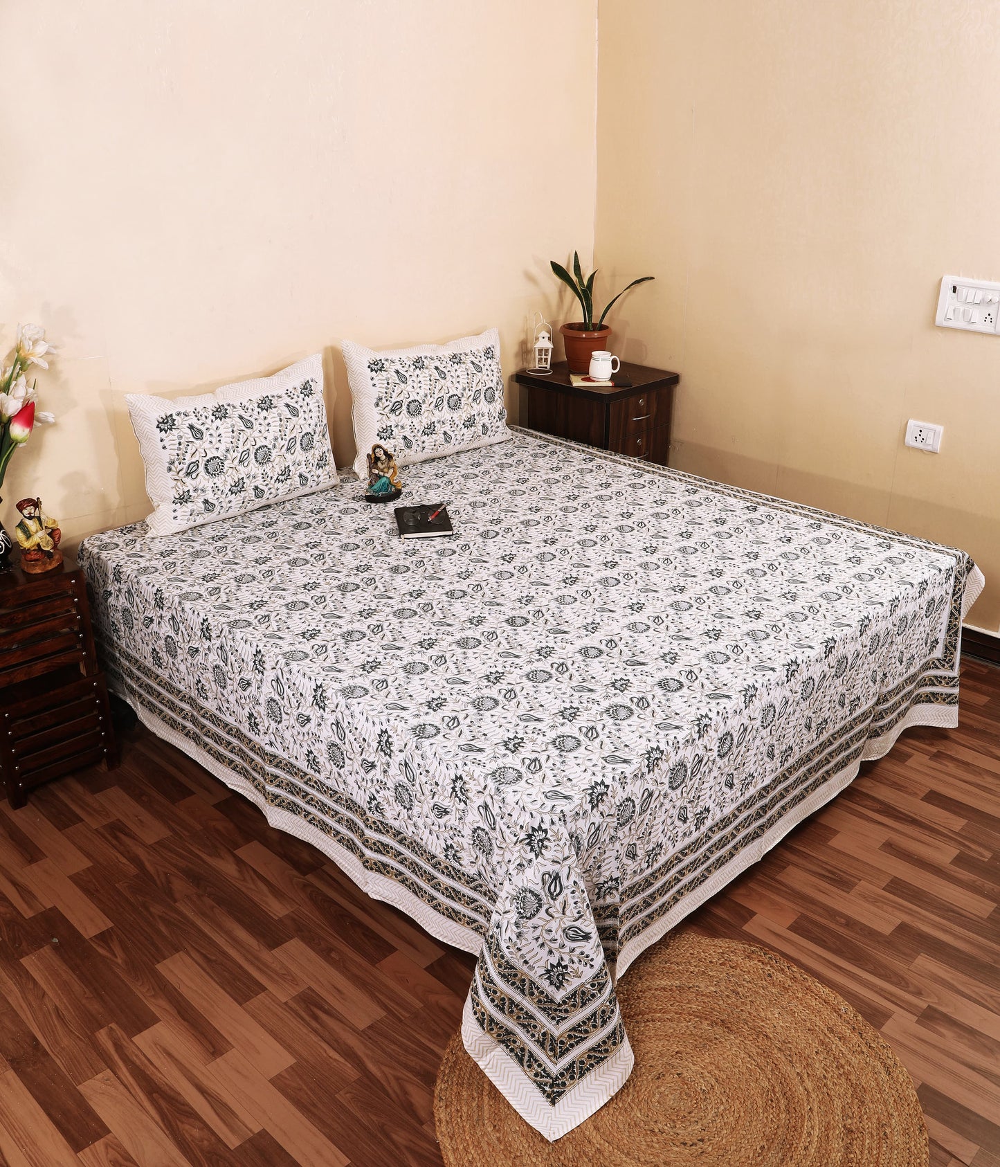 THE HIGHMOUR BLOOMLINE collection bedsheet with intricate block print from Jaipur in pure cotton