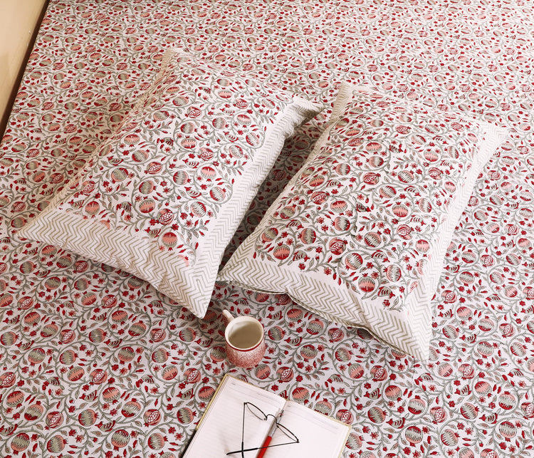 Bloomline collection bed linens featuring hand-block printed floral designs and soft, elegant textures