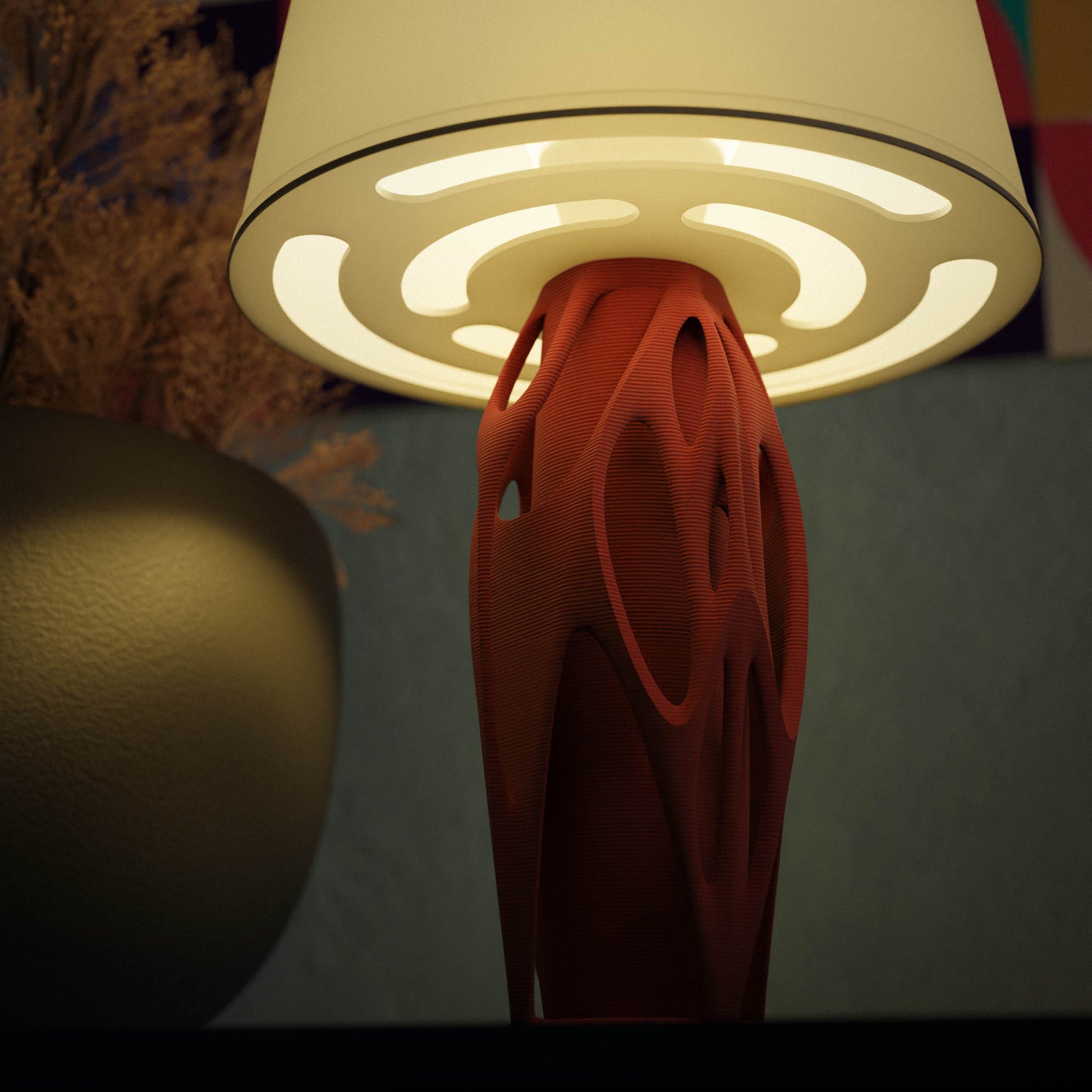 Highmour aesthetic designer lamp with a unique red base and soft glowing shade for stylish decor