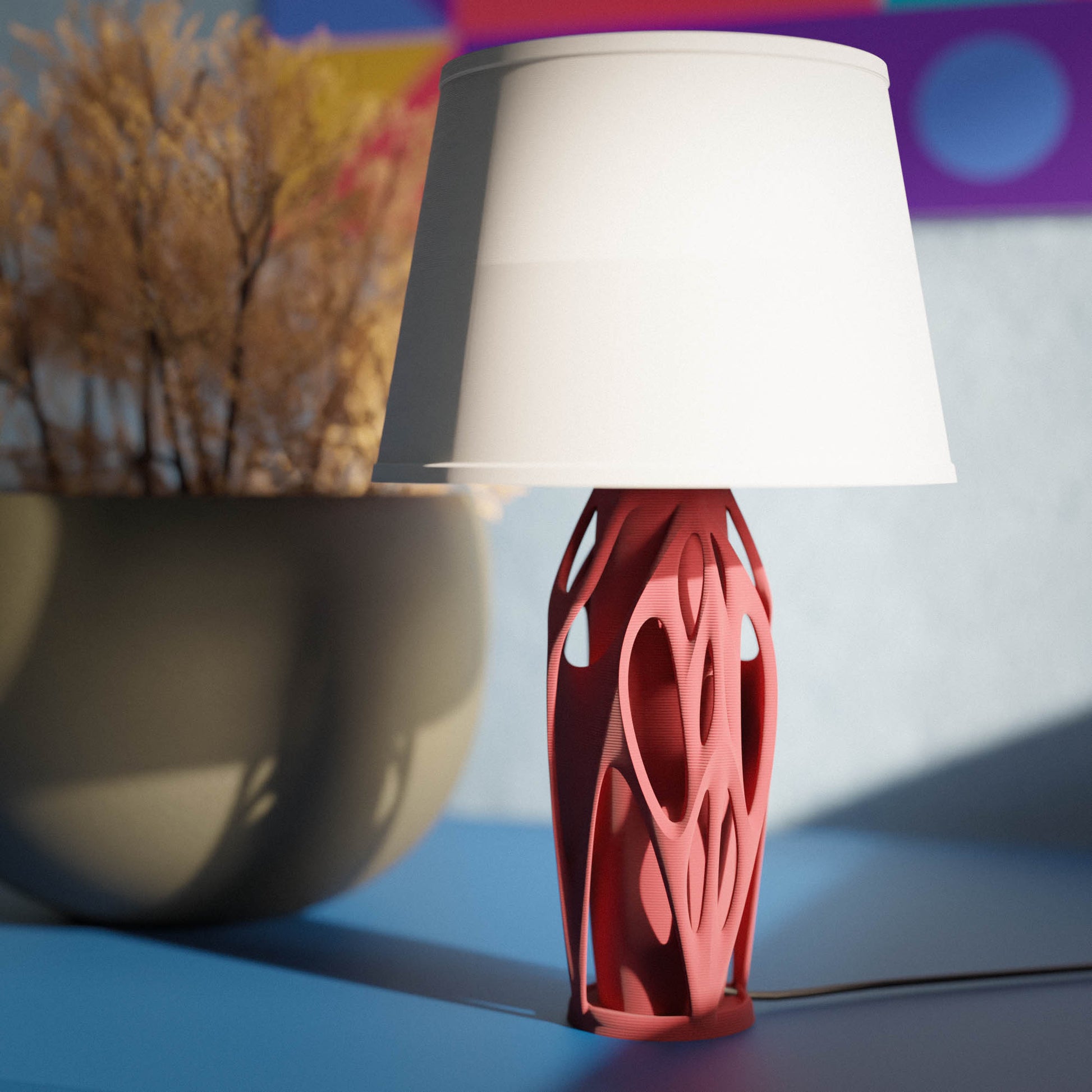 Highmour aesthetic designer lamp with a unique pink base and white shade for modern home decor