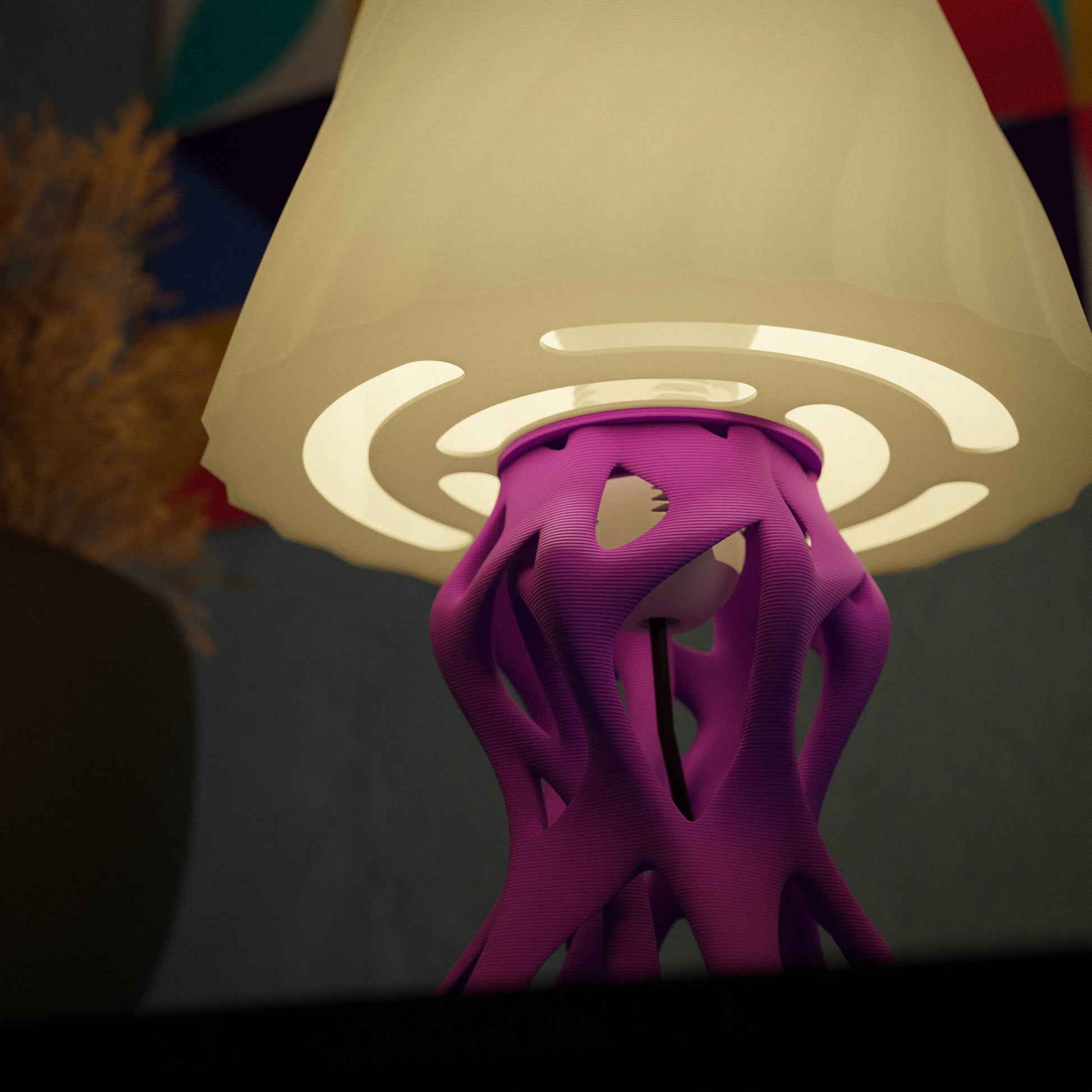 Highmour artistic home lighting lamp with a unique purple base and soft illuminated shade