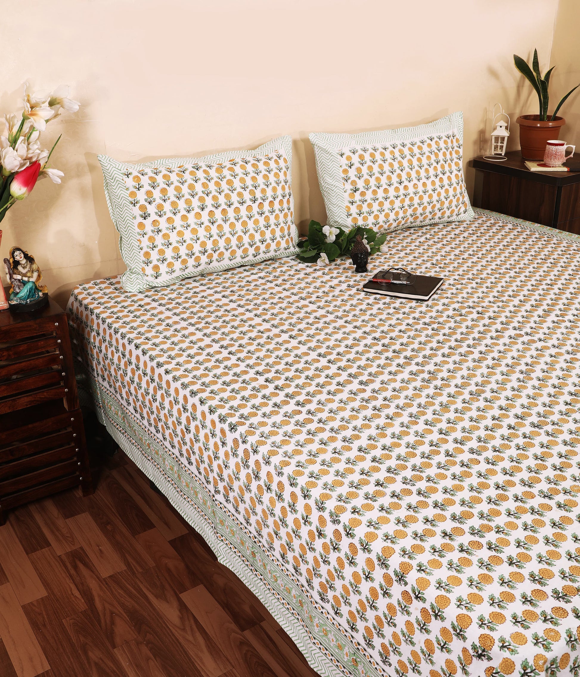 Highmour Bloomline collection bed linens block print bedsheet in vibrant colors with matching pillow covers
