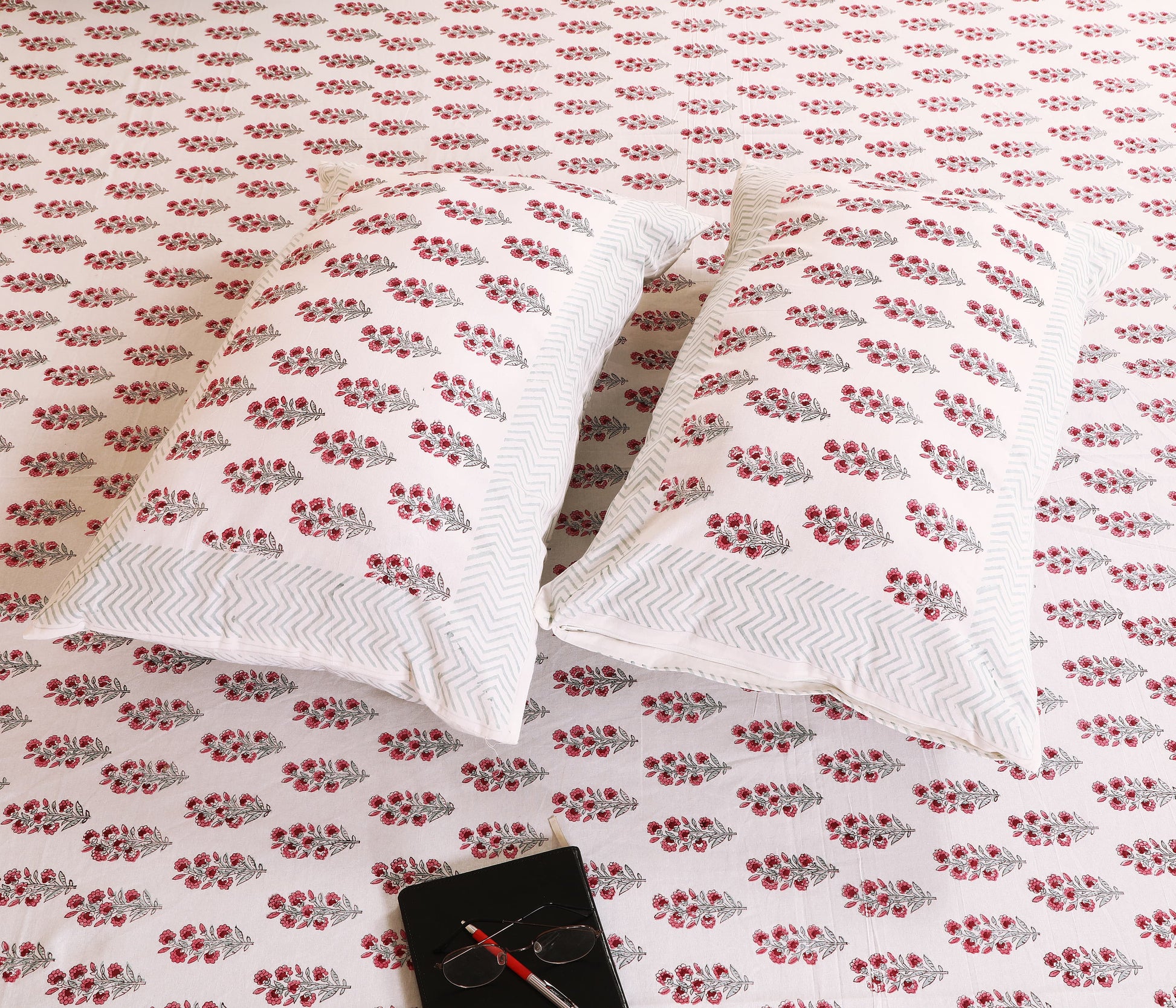 Highmour crimson bloom cotton fabric bedsheet with floral design and matching pillows for elegant bedroom decor