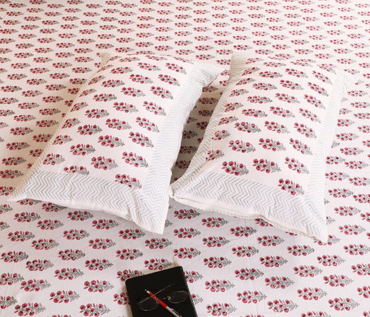 Highmour crimson bloom cotton fabric bedsheet with floral design and matching pillows for elegant bedroom decor