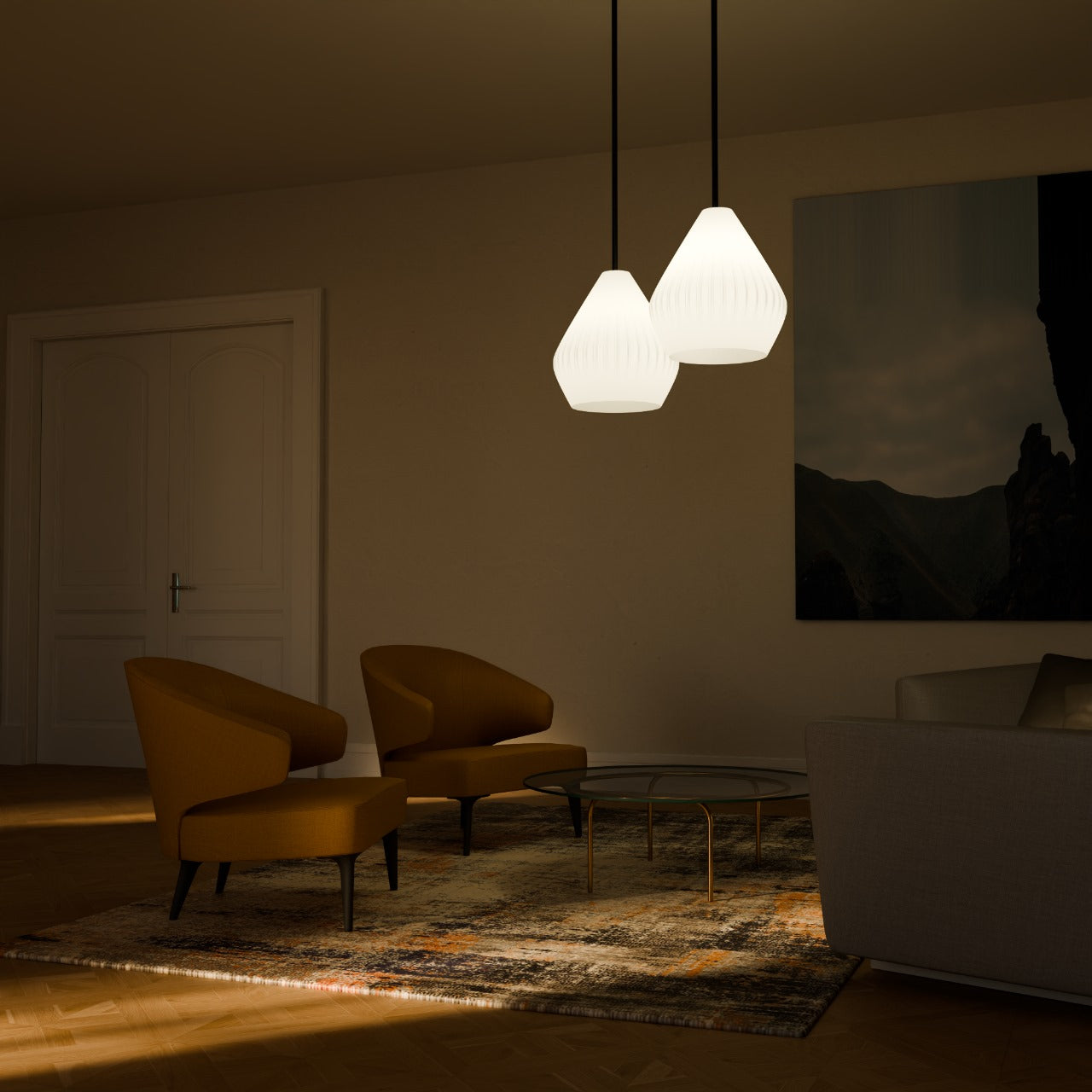 Highmour minimalist pendant lighting in a cozy living room with modern chairs and a stylish rug