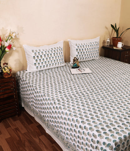 Highmour bedsheet in sage leaf print fabric with matching pillow covers for a stylish bedroom