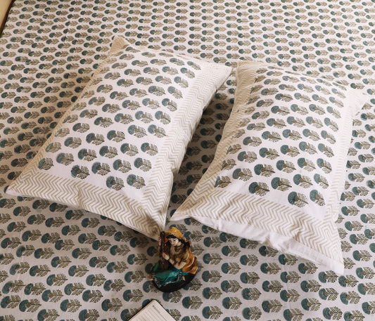 Highmour sage leaf print fabric bedsheet with matching pillows for stylish bedroom decor