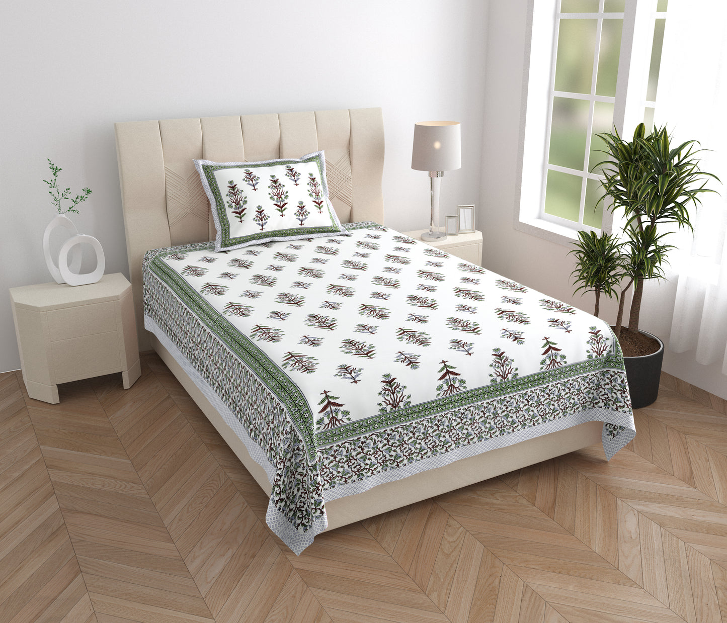 Verdant Charm Single Cotton Bedsheet (60×90 in.)