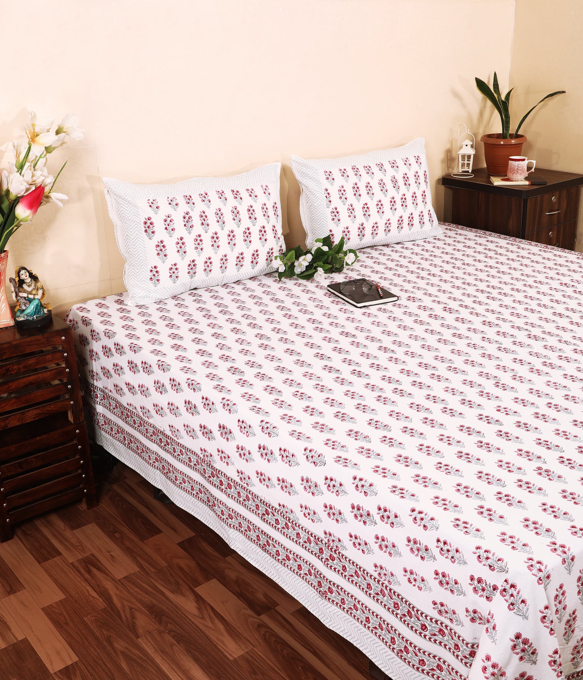 THE HIGHMOUR BLOOMLINE collection bedsheet in pure cotton with block print design, inspired by Jaipur craftsmanship
