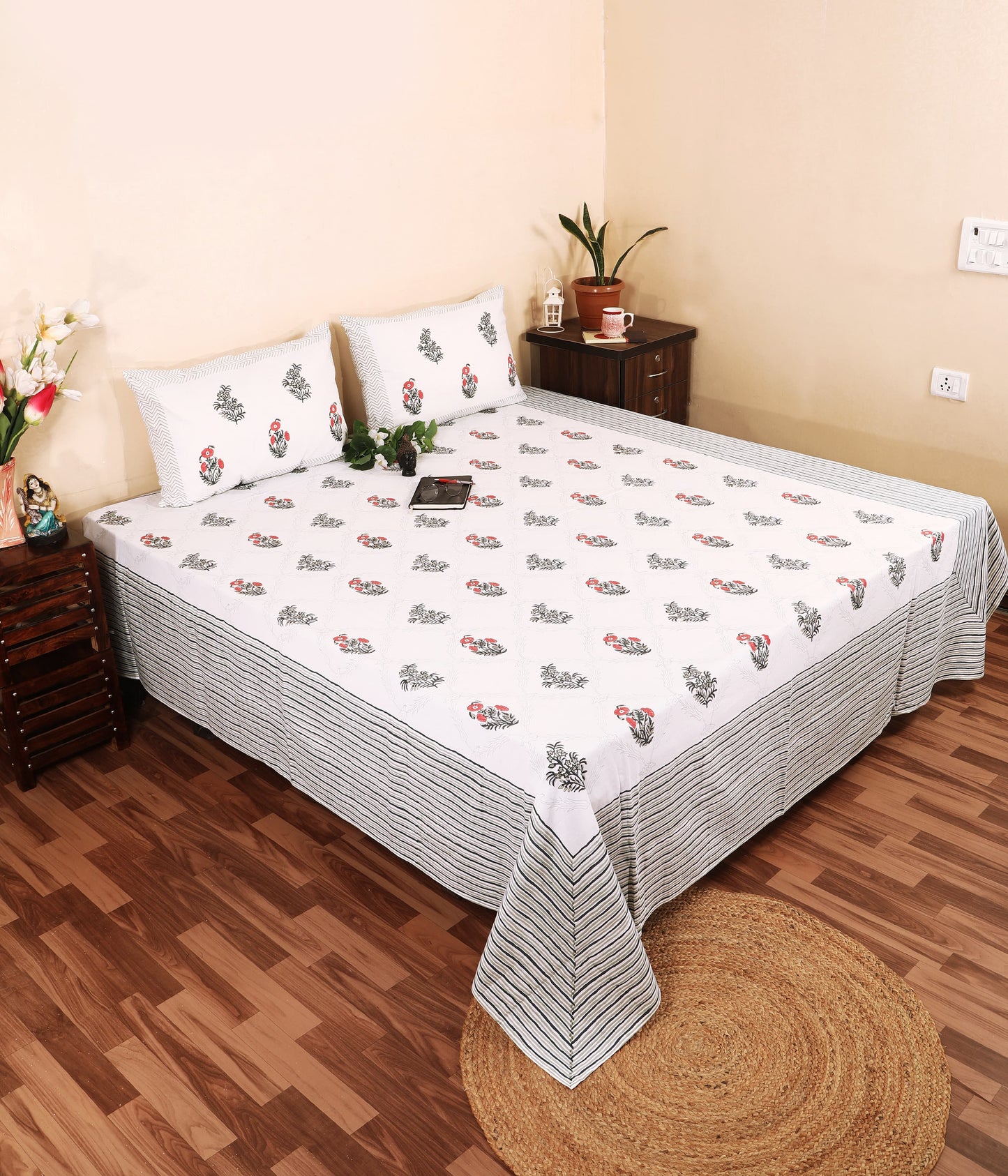 THE HIGHMOUR BLOOMLINE collection bedsheet with block print in Jaipur crafted from pure cotton